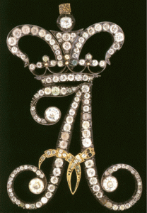 Broche monogramme de la tsarine Alexandra Fyodorovna, Russie, 1825-1855, Or, argent, diamants et verre